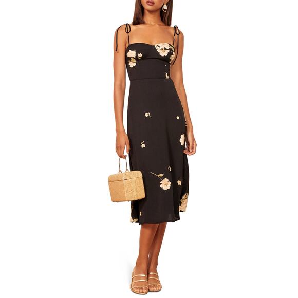 Reformation Black Floral Saldana Midi Sundress in Kiara Size 8 - Picture 1 of 11